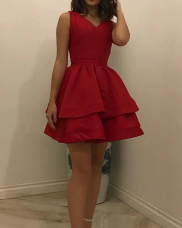 Short Red Satin V-neck Tiered Dress       S2987