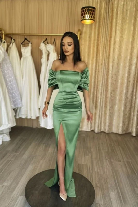 simple mermaid sage satin split prom gown off the shoulder formal dress     S2950