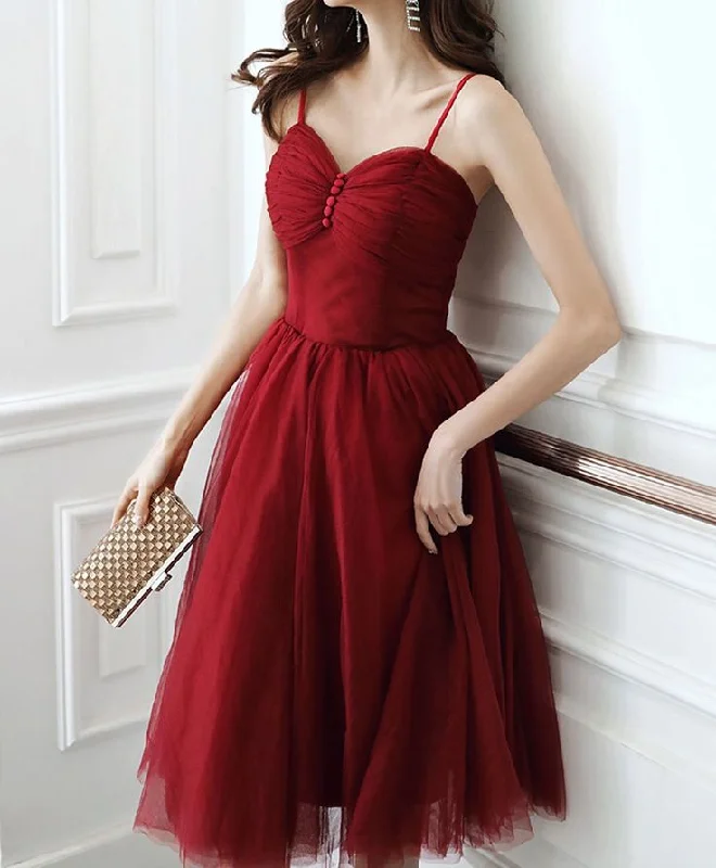 Simple Sweetheart Tulle Short Prom Dress, Burgundy Cocktail Dress     S2934