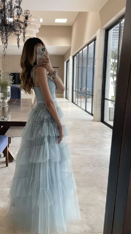 Sweet Light Blue Tulle Prom Dresses,Ruffles Pleated Baby Blue Evening Formal Gown        S2975