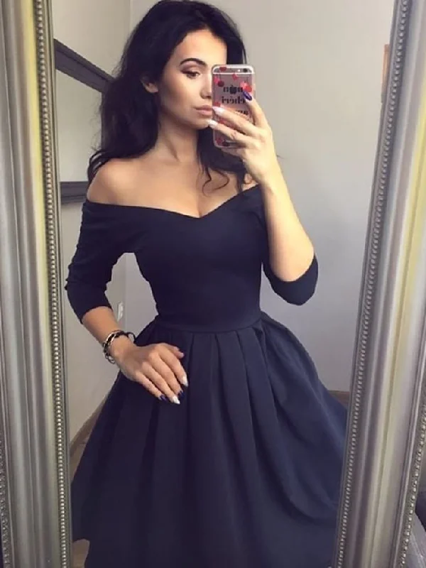 V Neck 3/4 Sleeves Short Black Prom Dresses, Short Black Formal Homecoming Dresses      S2941