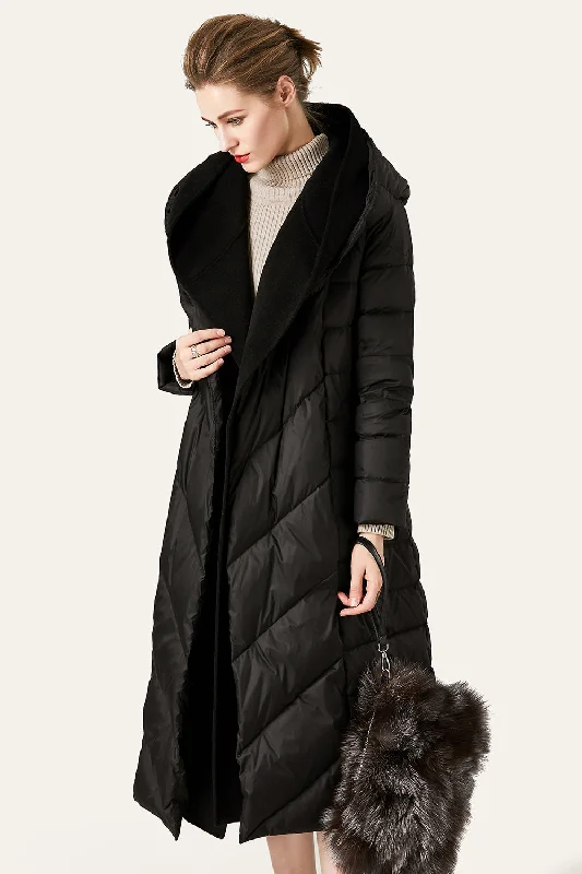 Black Button Quilted Puffer Jacket with Faux Fur Hood