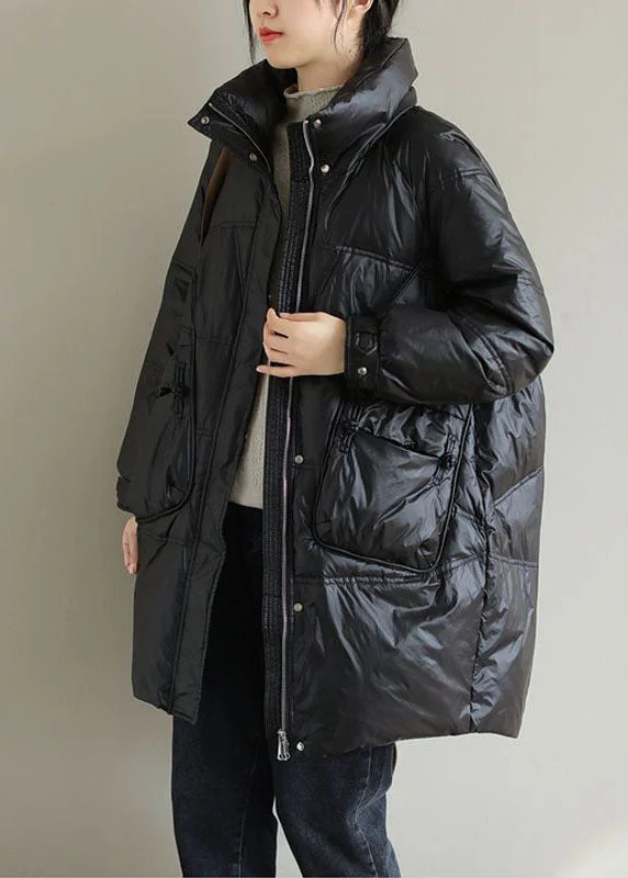 Black Thick Duck Down Down Coat Stand Collar Oversized Pockets Winter