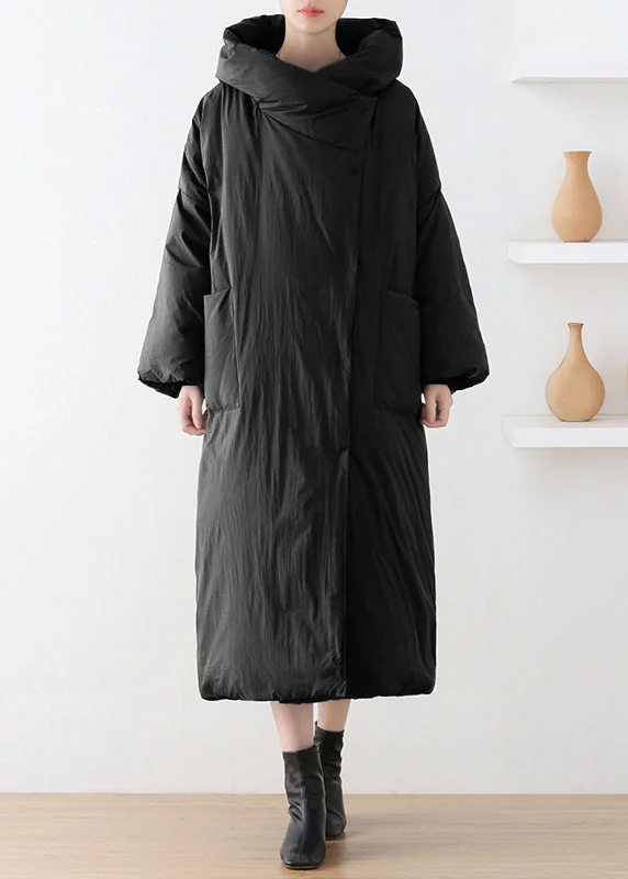 Black Turtleneck Button Duck Down Hooded Long Down Coat Winter