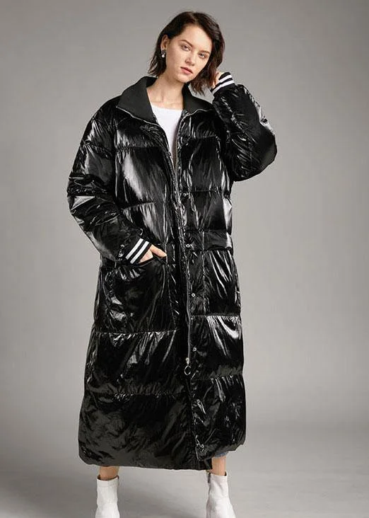 Boho Black zippered Pockets long Winter Duck Down down coat