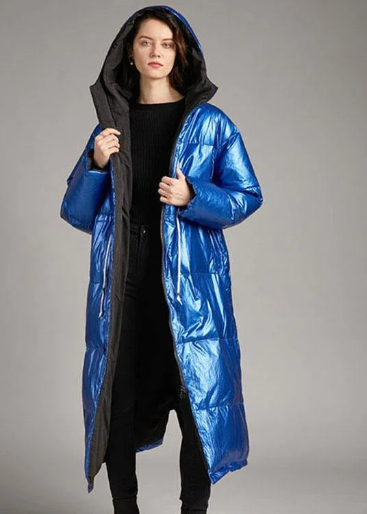 Boho Blue hooded Pockets long Winter Duck Down down coat