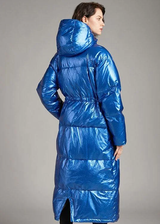 Boho Blue hooded Pockets long Winter Duck Down down coat