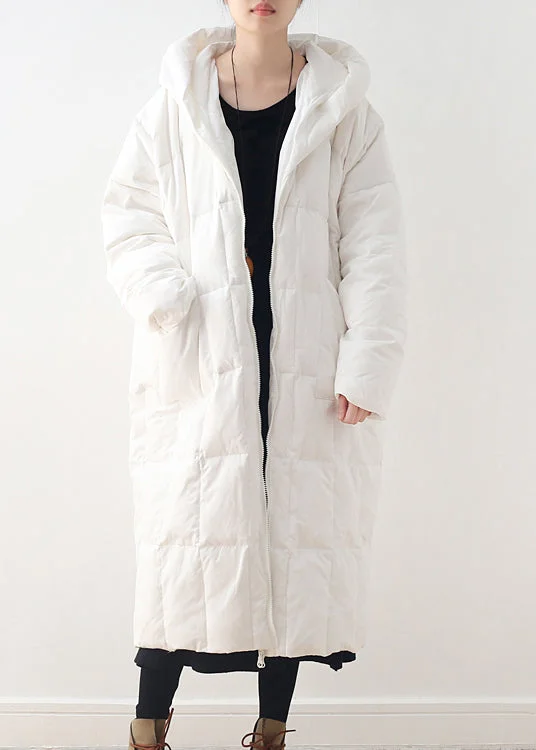 Brief White Zippered Pockets Hooded Down Coat Long Sleeve