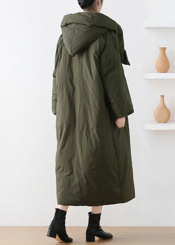 Casual Army Green Turtleneck Zippered Duck Down Hooded Long Down Coat Winter