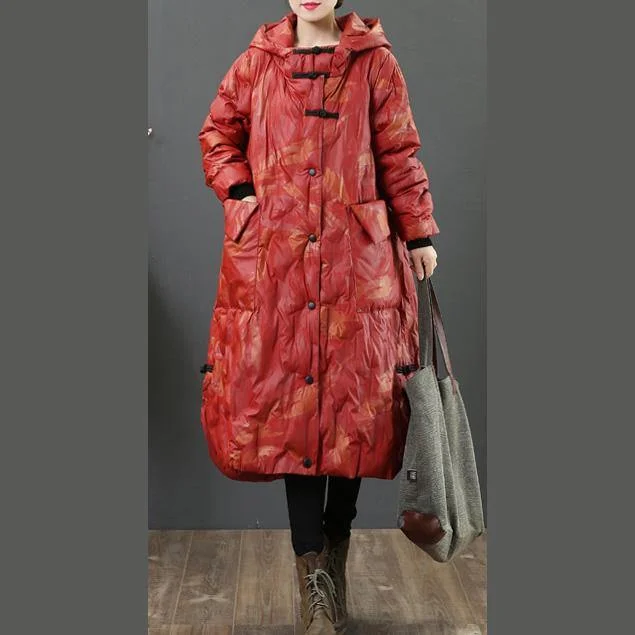 Casual red duck down coat plus size side open winter jacket hooded Casual winter outwear