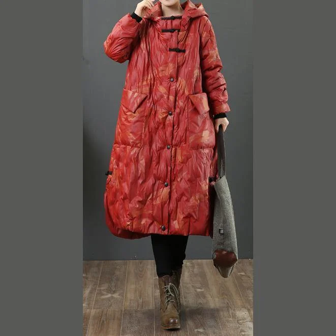 Casual red duck down coat plus size side open winter jacket hooded Casual winter outwear