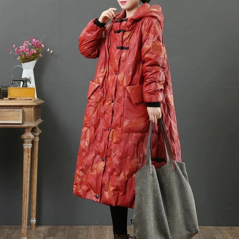 Casual red duck down coat plus size side open winter jacket hooded Casual winter outwear