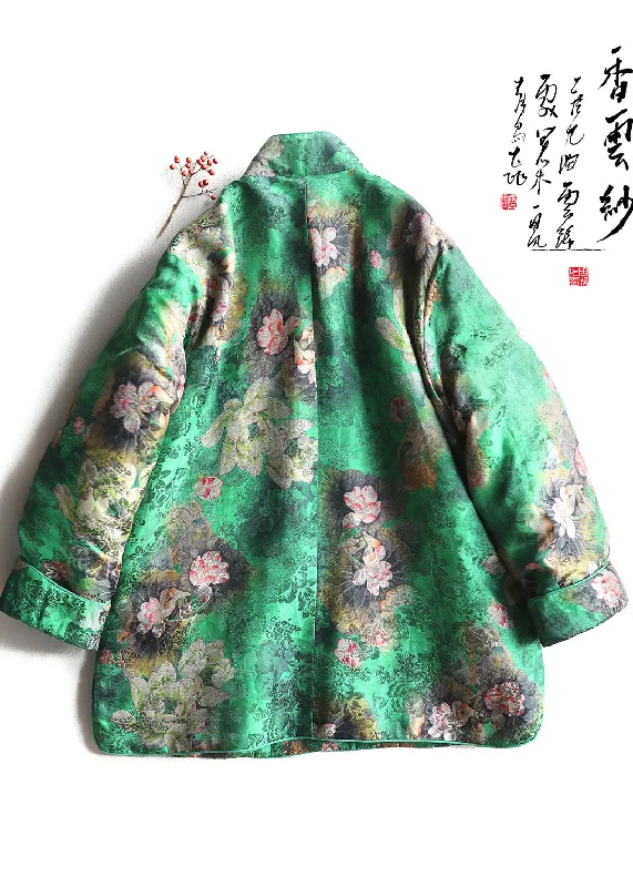 Chinese Style Green Print Chinese Button Fine Cotton Filled Puffer Jacket Winter