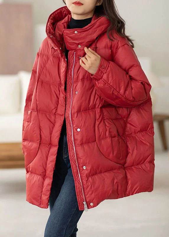 Classy Red Hooded Oversized Drawstring Duck Down Down Coat Winter