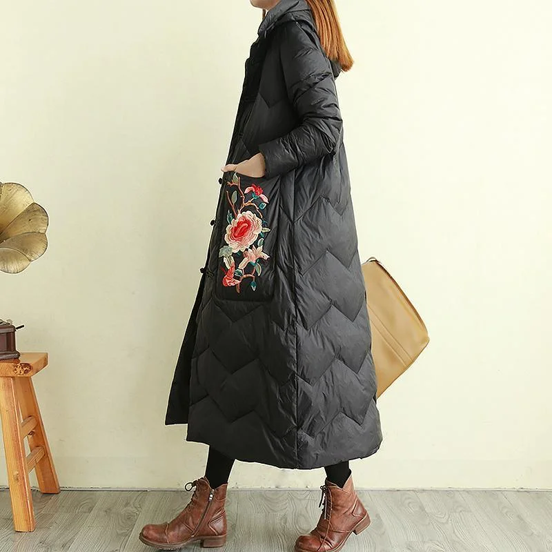 Elegant casual down jacket coats red embroidery Chinese Button hooded duck down coat