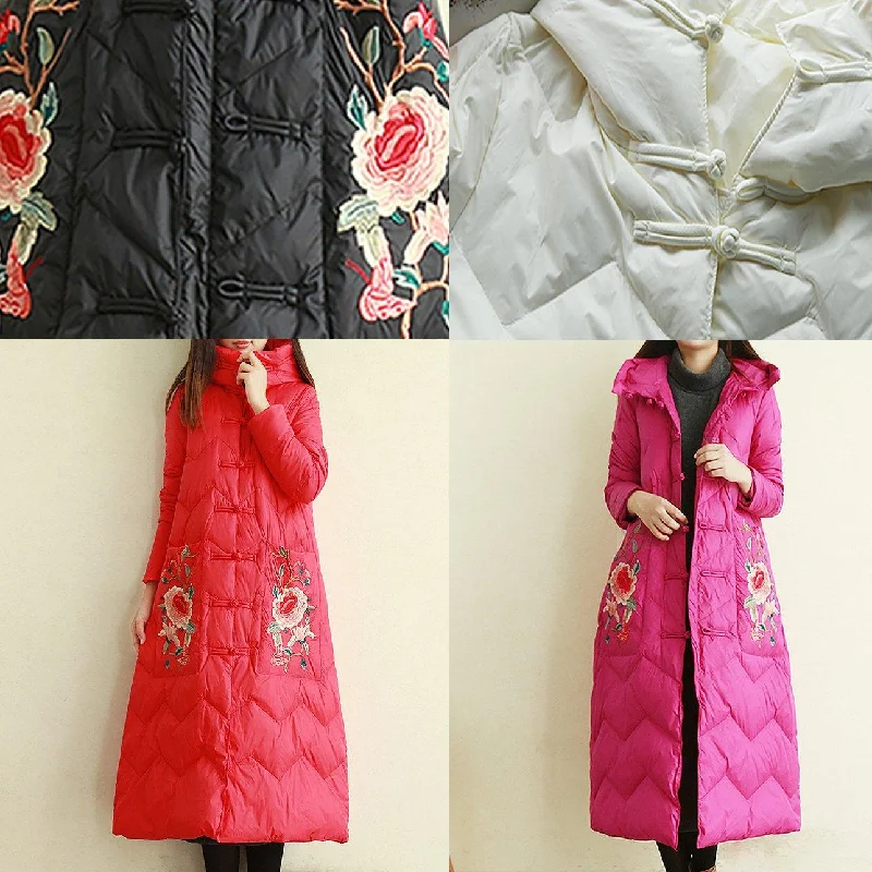 Elegant casual down jacket coats red embroidery Chinese Button hooded duck down coat