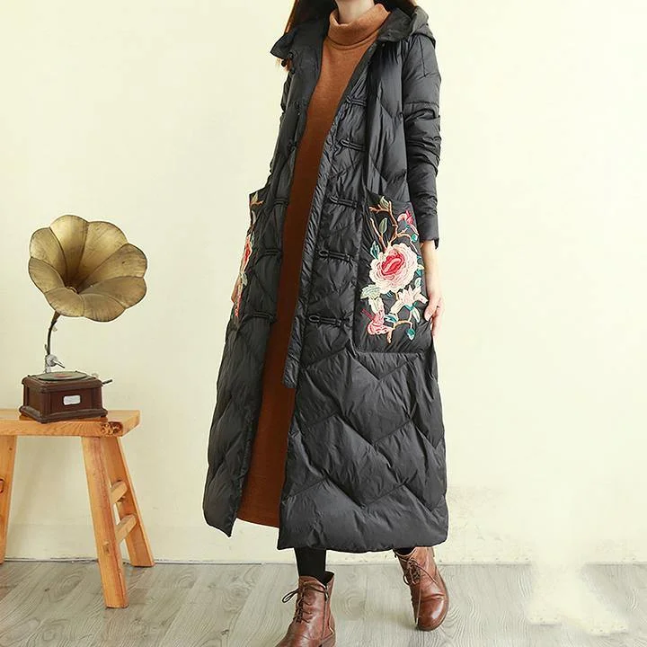 Fine black embroidery down jacket woman oversize womens parka coats Chinese Button hooded