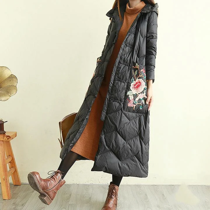 Fine black embroidery down jacket woman oversize womens parka coats Chinese Button hooded