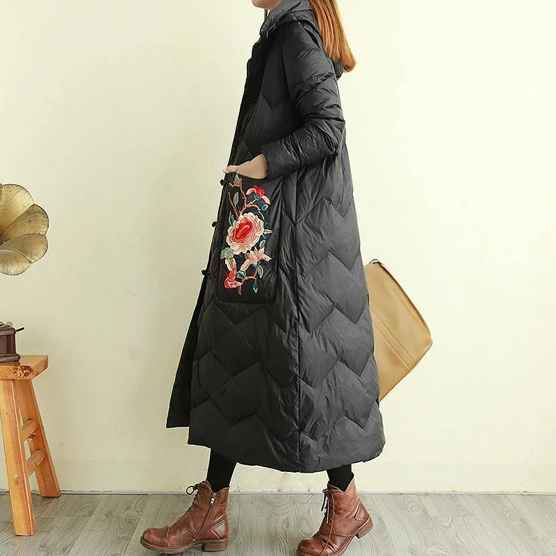 Fine black embroidery down jacket woman oversize womens parka coats Chinese Button hooded