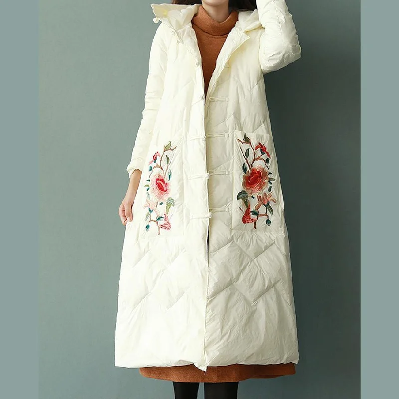 Fine white embroidery duck down coat trendy plus size snow jackets winter outwear Chinese Button hooded