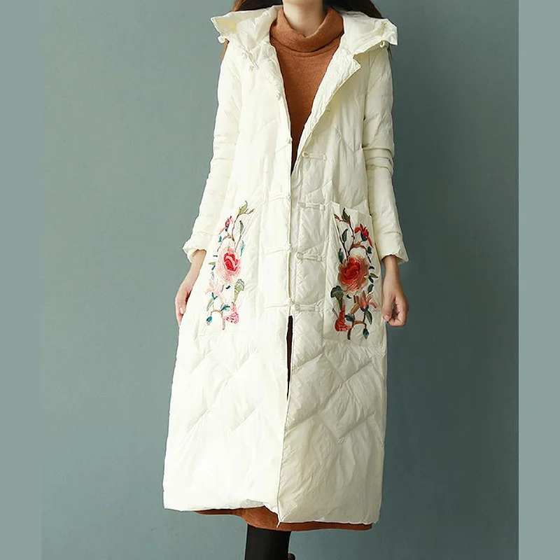 Fine white embroidery duck down coat trendy plus size snow jackets winter outwear Chinese Button hooded