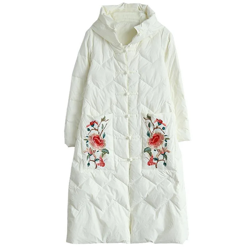 Fine white embroidery duck down coat trendy plus size snow jackets winter outwear Chinese Button hooded