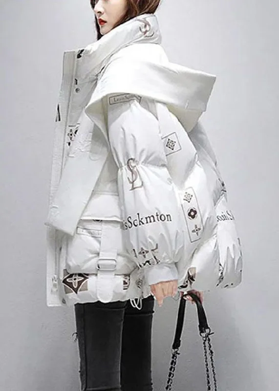 Fine White Hooded Letter Print Duck Down Puffer Jacket Winter