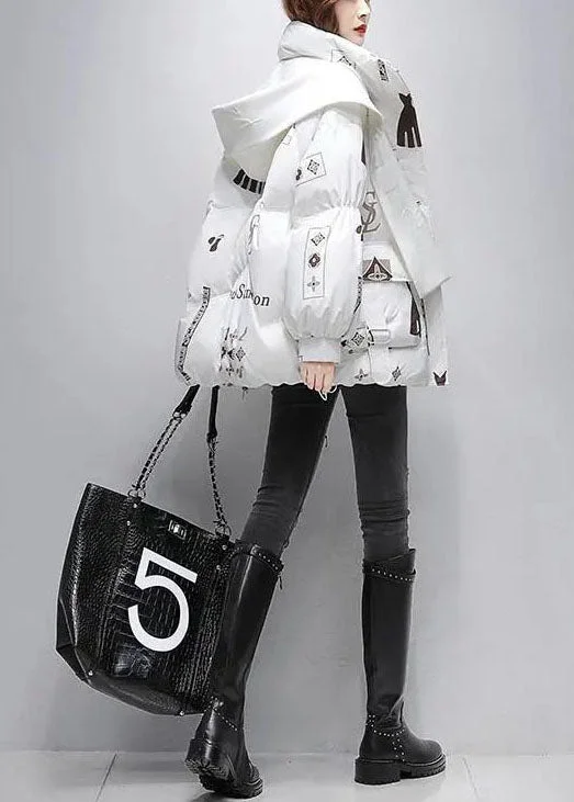 Fine White Hooded Letter Print Duck Down Puffer Jacket Winter