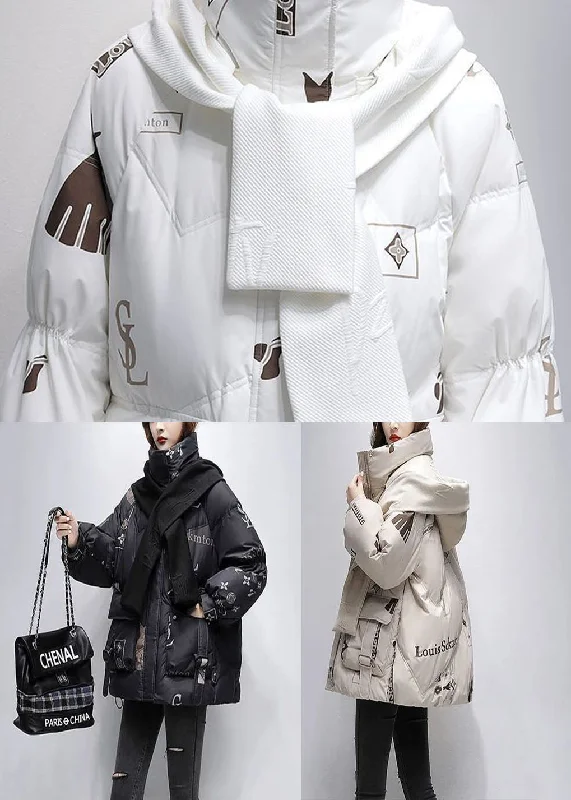 Fine White Hooded Letter Print Duck Down Puffer Jacket Winter