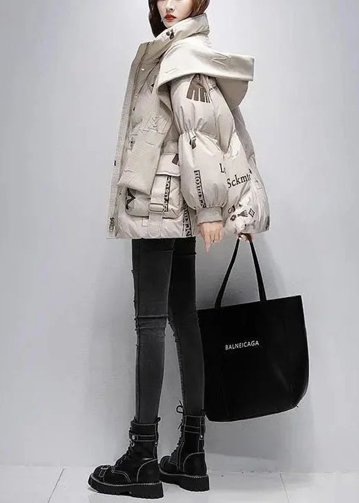 Khaki Print Duck Down Puffer Jacket Hooded Oversized Winter