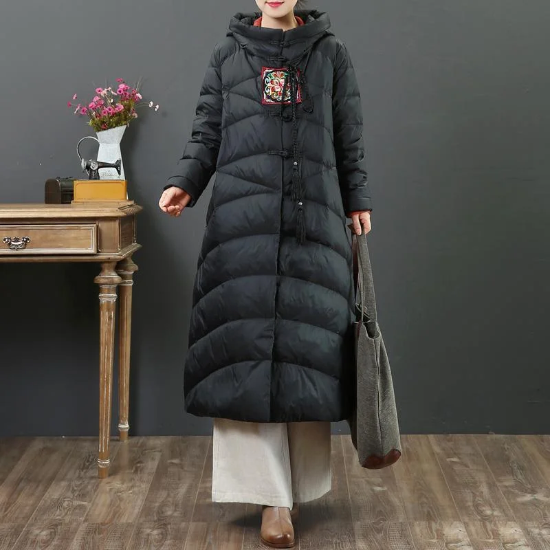 Luxury black goose Down coat plussize embroidery women parka Chinese Button Luxury coats