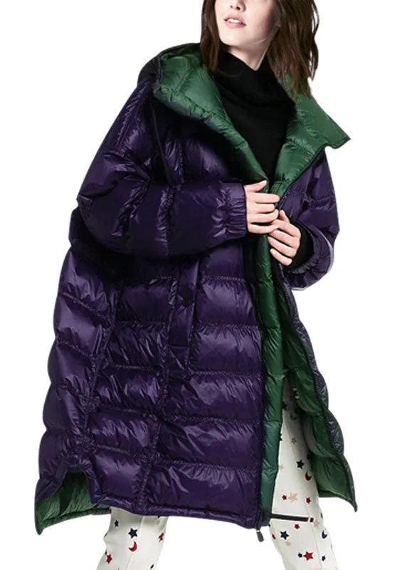 Women Purple Hooded Zippered Duck Down Puffer Coat Winter