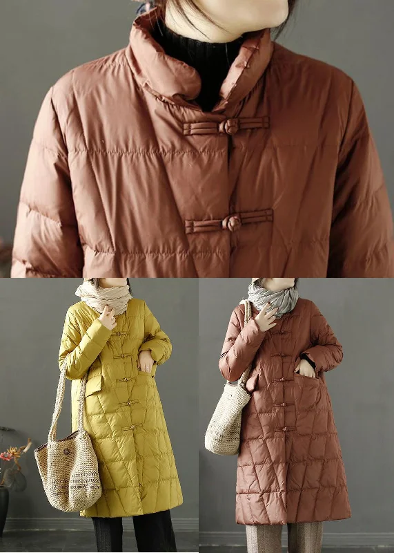 Yellow Duck Down Puffer Jacket Stand Collar Oriental Button Winter