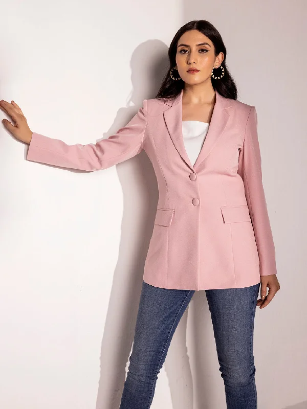 Double Button Notch Collar Blazer - Pink