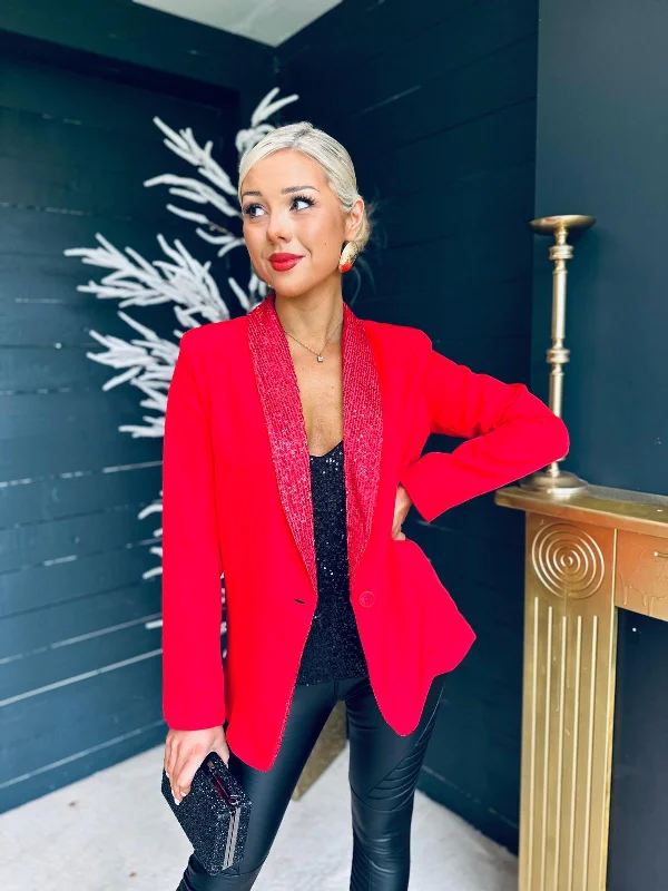 Menlo Sequin Lapel Blazer Red