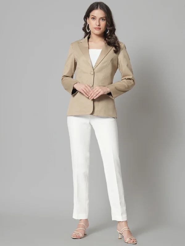 Notch Collar Polly Cotton Blazer- Beige