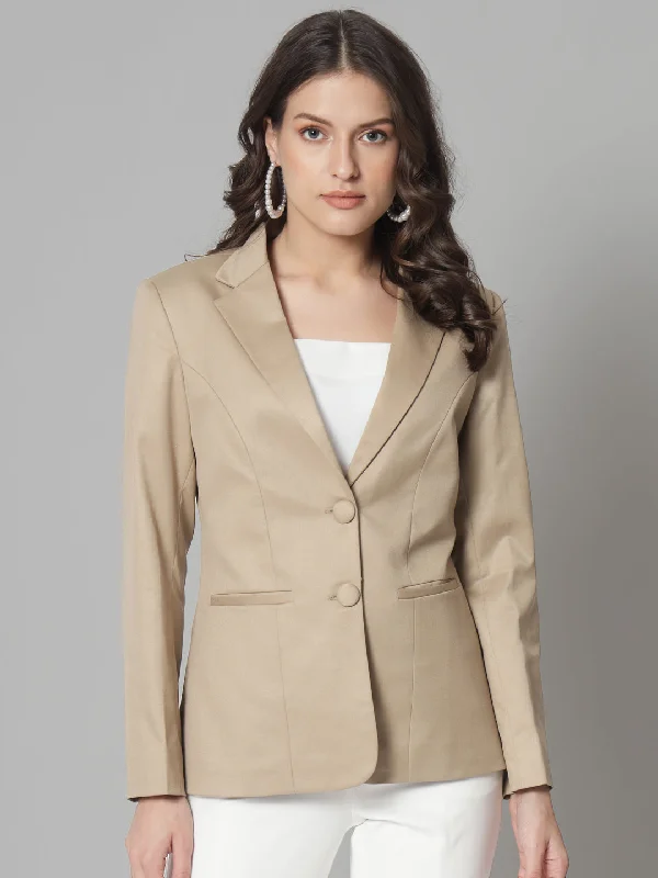 Notch Collar Polly Cotton Blazer- Beige