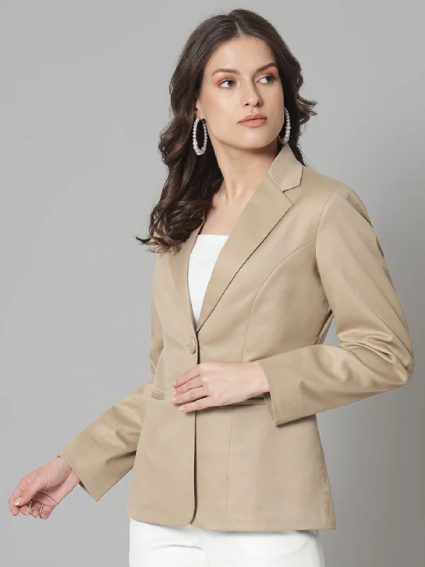 Notch Collar Polly Cotton Blazer- Beige