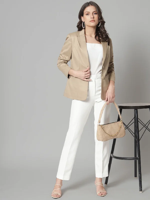 Notch Collar Polly Cotton Blazer- Beige