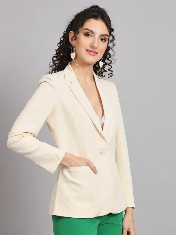 Notched Collar Polyester Blazer - Off White