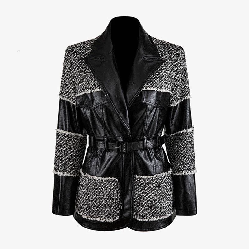 Pu Leather Trimmed Black And White Tweed Jacket