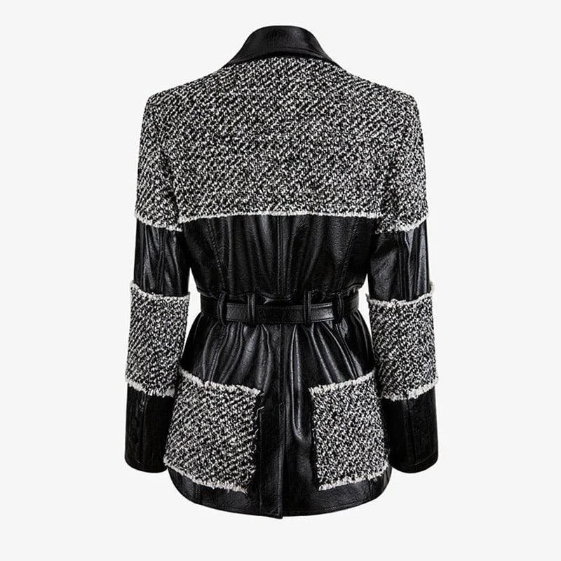 Pu Leather Trimmed Black And White Tweed Jacket