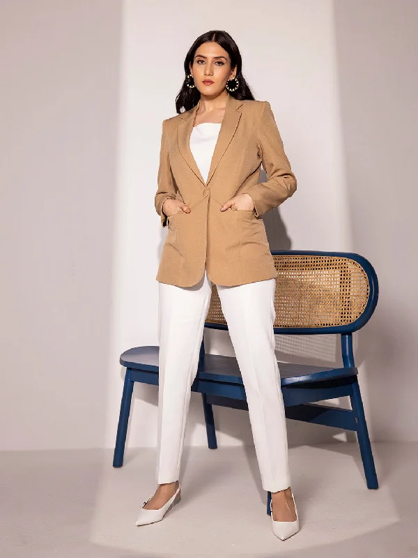 Single Button Notch Collar Blazer - Beige