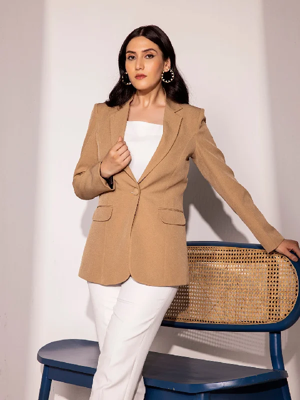 Single Button Notch Collar Blazer - Beige