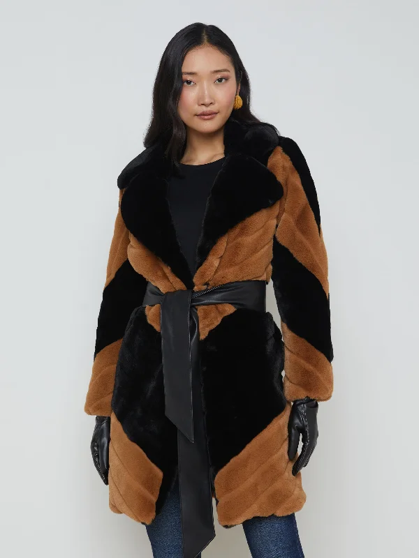 Zoya Belted Faux Fur Coat Black/Biscotti