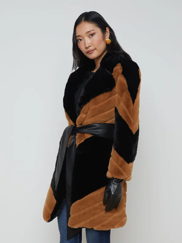 Zoya Belted Faux Fur Coat Black/Biscotti